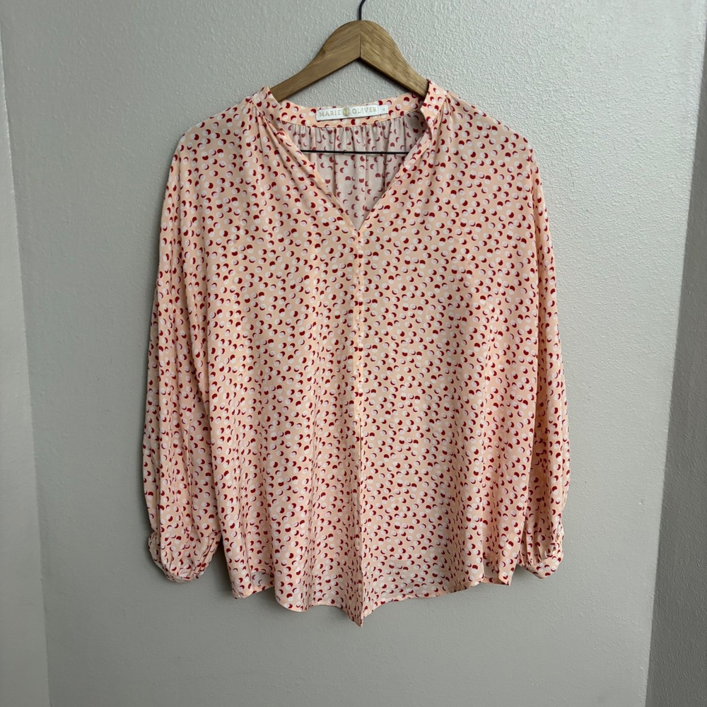 Marie‎ Oliver Silk Blouse Medium Pink Geometric Dot Print V-Neck Long Sleeve